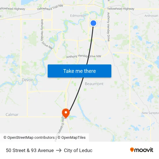 50 Street & 93 Avenue to City of Leduc map