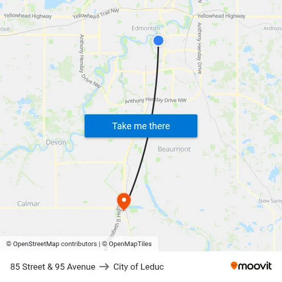 85 Street & 95 Avenue to City of Leduc map