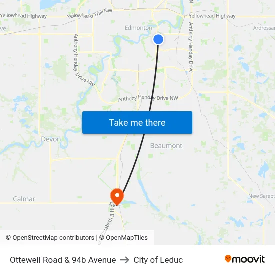 Ottewell Road & 94b Avenue to City of Leduc map