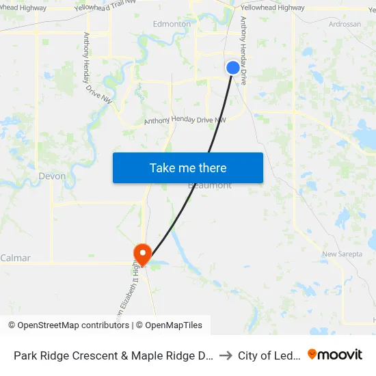 Park Ridge Crescent & Maple Ridge Drive to City of Leduc map