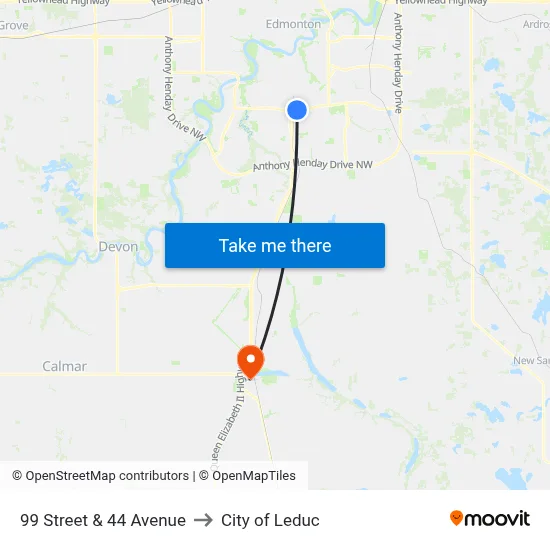 99 Street & 44 Avenue to City of Leduc map