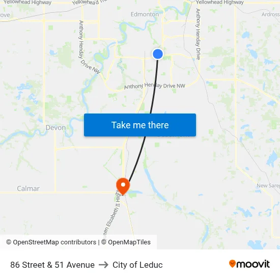 86 Street & 51 Avenue to City of Leduc map