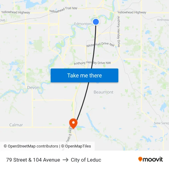 79 Street & 104 Avenue to City of Leduc map