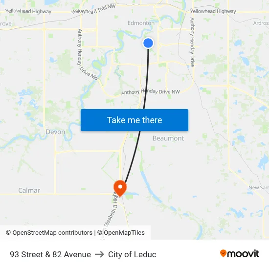 93 Street & 82 Avenue to City of Leduc map