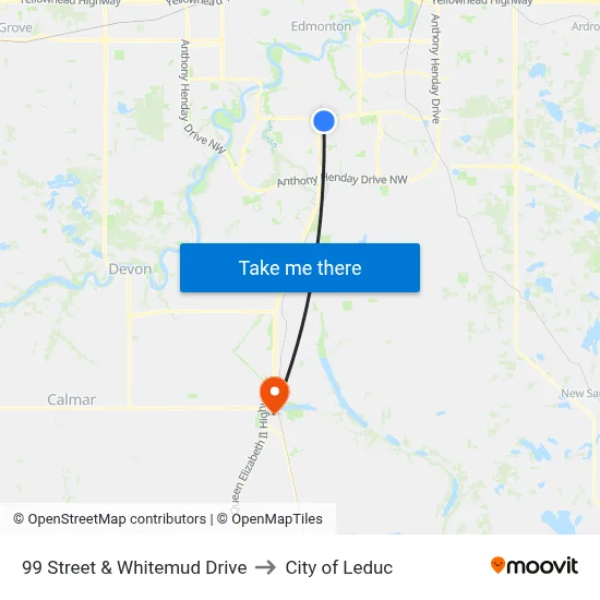 99 Street & Whitemud Drive to City of Leduc map