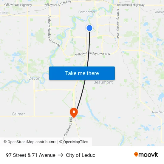 97 Street & 71 Avenue to City of Leduc map