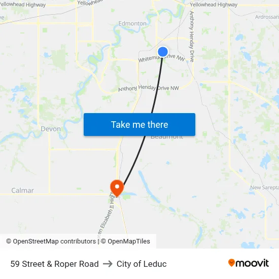 59 Street & Roper Road to City of Leduc map