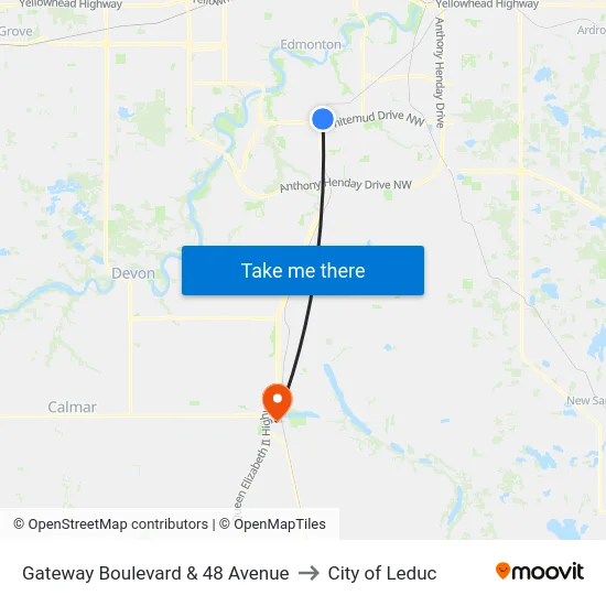 Gateway Boulevard & 48 Avenue to City of Leduc map