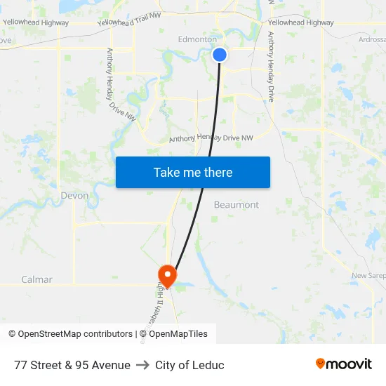 77 Street & 95 Avenue to City of Leduc map