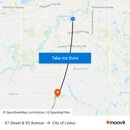 87 Street & 95 Avenue to City of Leduc map
