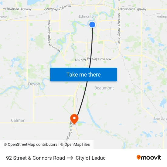 92 Street & Connors Road to City of Leduc map