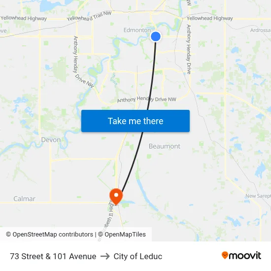 73 Street & 101 Avenue to City of Leduc map