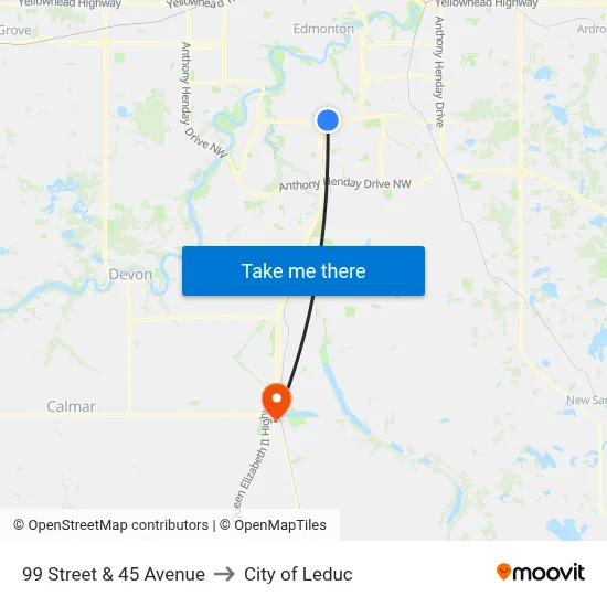 99 Street & 45 Avenue to City of Leduc map