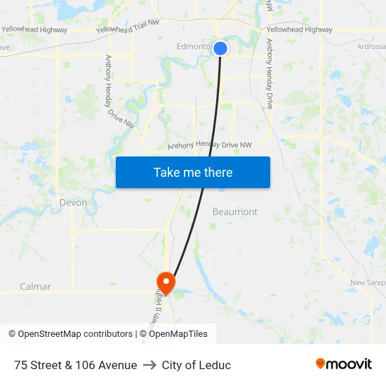 75 Street & 106 Avenue to City of Leduc map