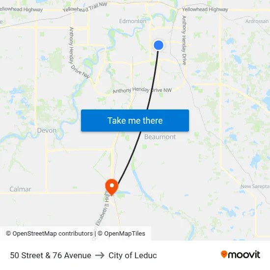 50 Street & 76 Avenue to City of Leduc map