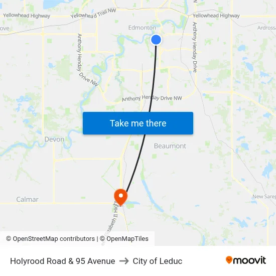 Holyrood Road & 95 Avenue to City of Leduc map