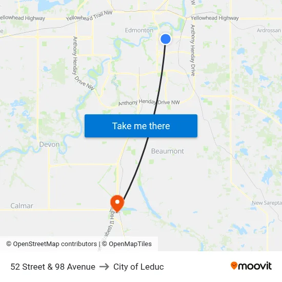 52 Street & 98 Avenue to City of Leduc map