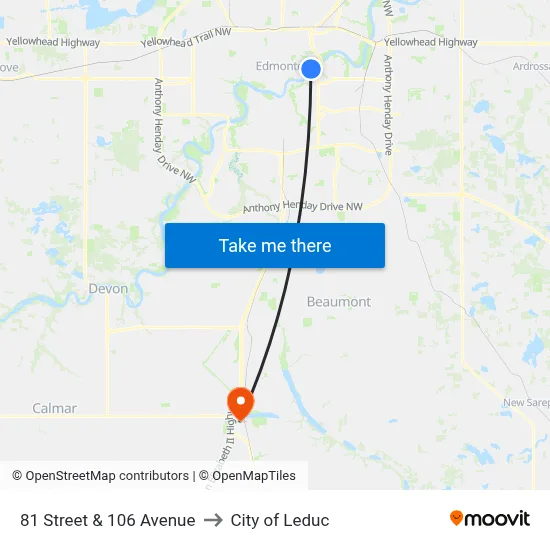 81 Street & 106 Avenue to City of Leduc map