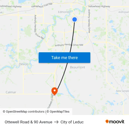 Ottewell Road & 90 Avenue to City of Leduc map