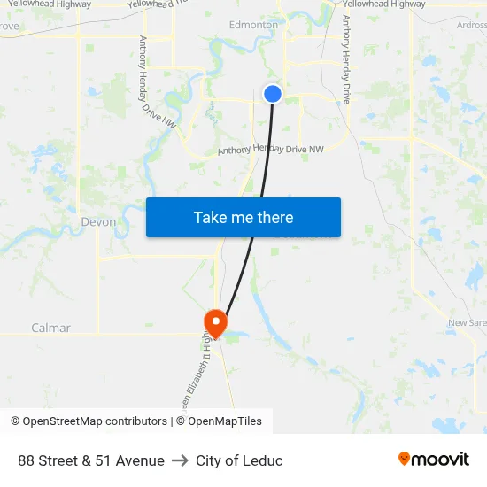 88 Street & 51 Avenue to City of Leduc map