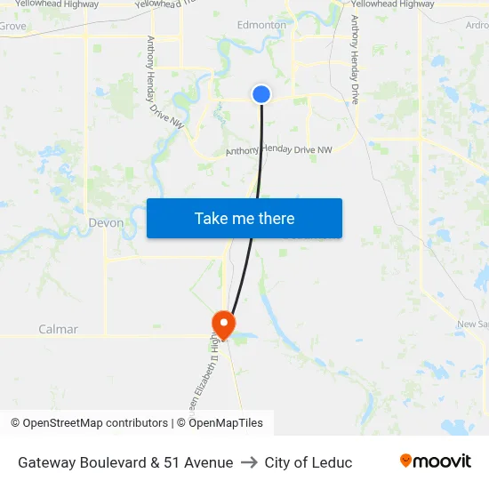 Gateway Boulevard & 51 Avenue to City of Leduc map
