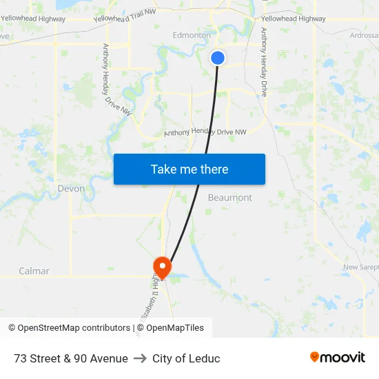 73 Street & 90 Avenue to City of Leduc map