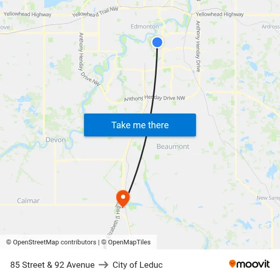 85 Street & 92 Avenue to City of Leduc map