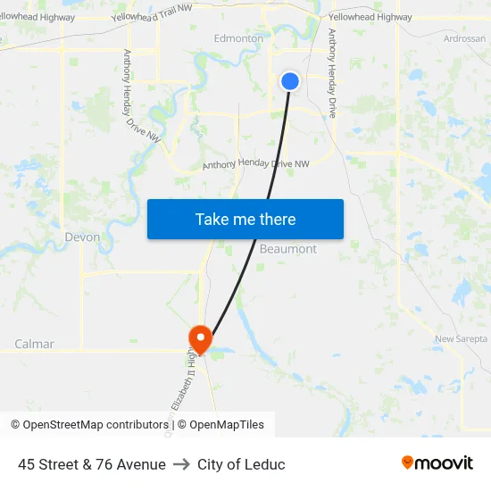 45 Street & 76 Avenue to City of Leduc map