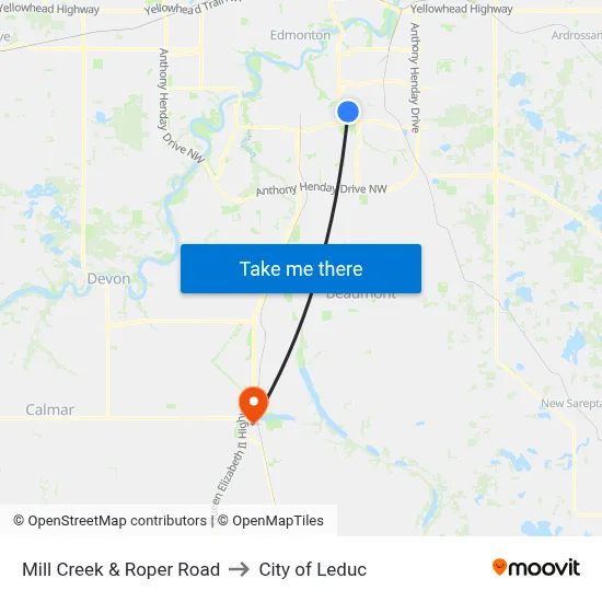 Mill Creek & Roper Road to City of Leduc map