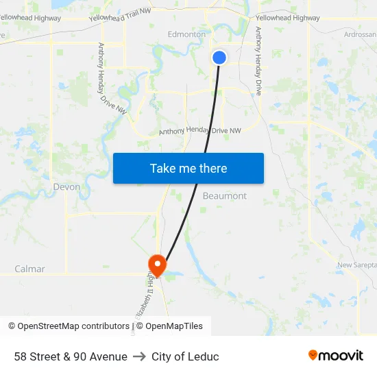 58 Street & 90 Avenue to City of Leduc map