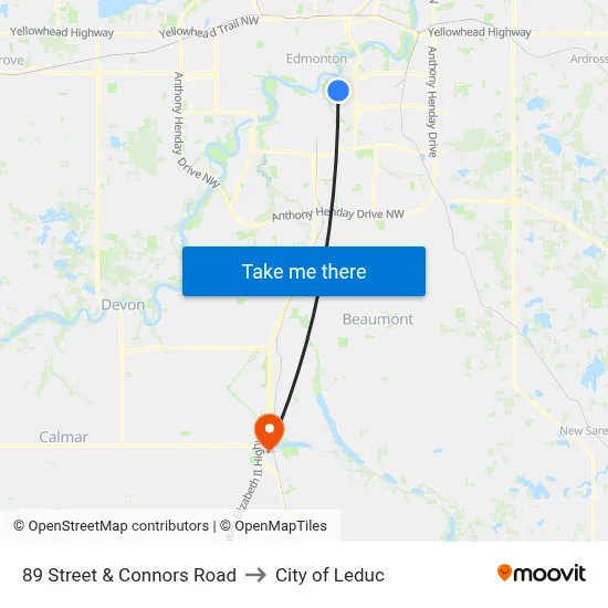 89 Street & Connors Road to City of Leduc map