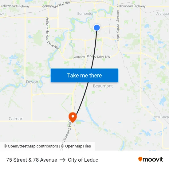 75 Street & 78 Avenue to City of Leduc map