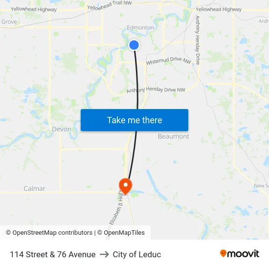 114 Street & 76 Avenue to City of Leduc map