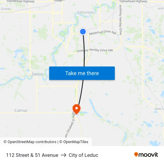 112 Street & 51 Avenue to City of Leduc map