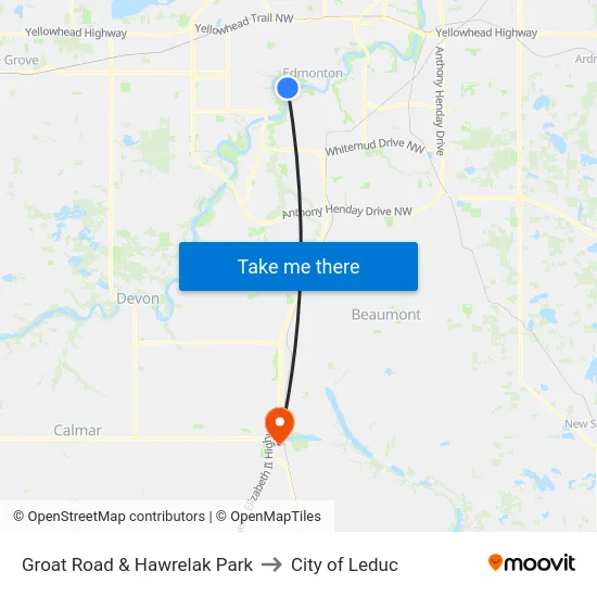 Groat Road & Hawrelak Park to City of Leduc map