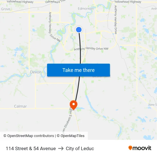 114 Street & 54 Avenue to City of Leduc map