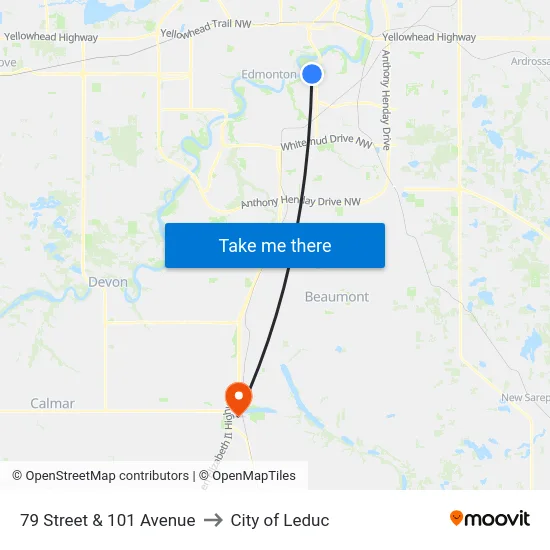 79 Street & 101 Avenue to City of Leduc map