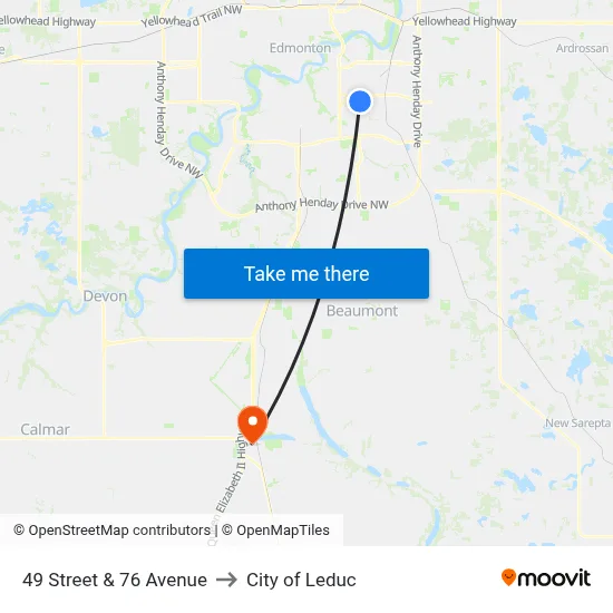 49 Street & 76 Avenue to City of Leduc map