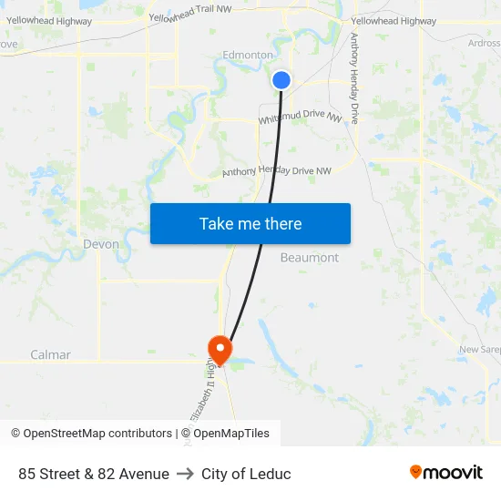 85 Street & 82 Avenue to City of Leduc map