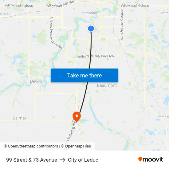 99 Street & 73 Avenue to City of Leduc map