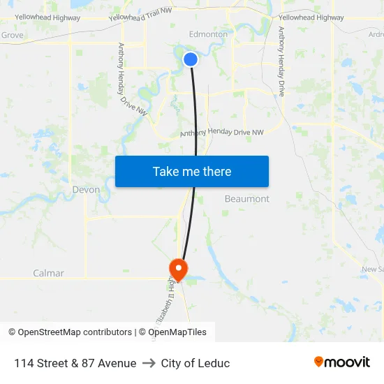 114 Street & 87 Avenue to City of Leduc map
