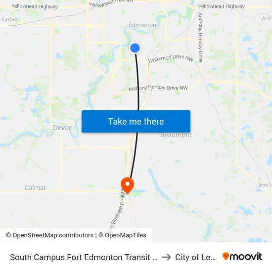 South Campus Fort Edmonton Transit Centre to City of Leduc map