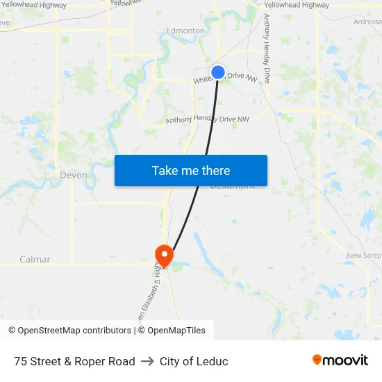 75 Street & Roper Road to City of Leduc map