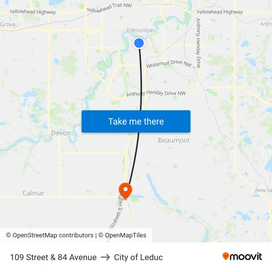 109 Street & 84 Avenue to City of Leduc map