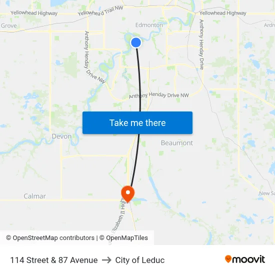 114 Street & 87 Avenue to City of Leduc map