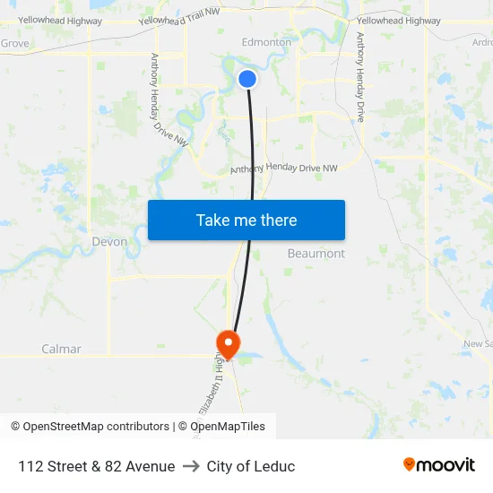 112 Street & 82 Avenue to City of Leduc map