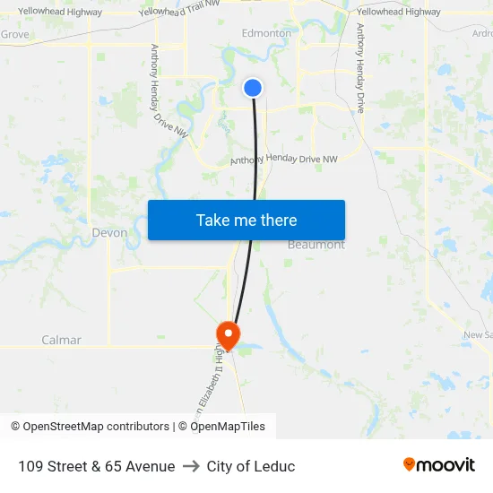 109 Street & 65 Avenue to City of Leduc map