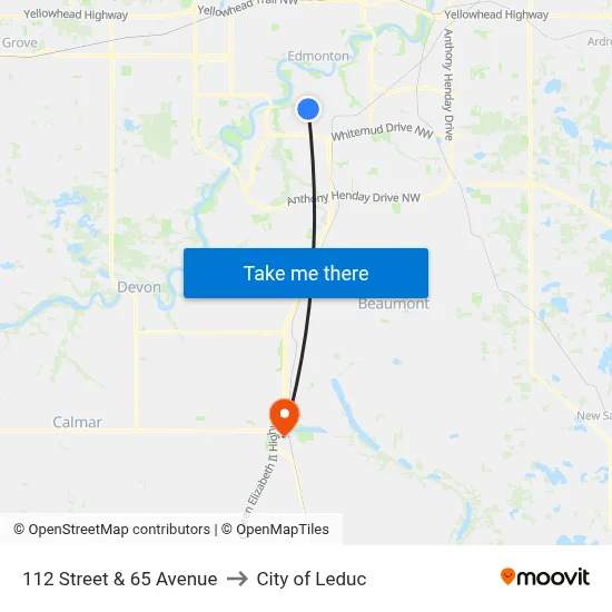 112 Street & 65 Avenue to City of Leduc map