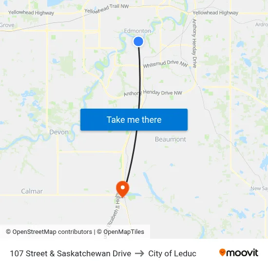 107 Street & Saskatchewan Drive to City of Leduc map