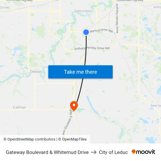 Gateway Boulevard & Whitemud Drive to City of Leduc map